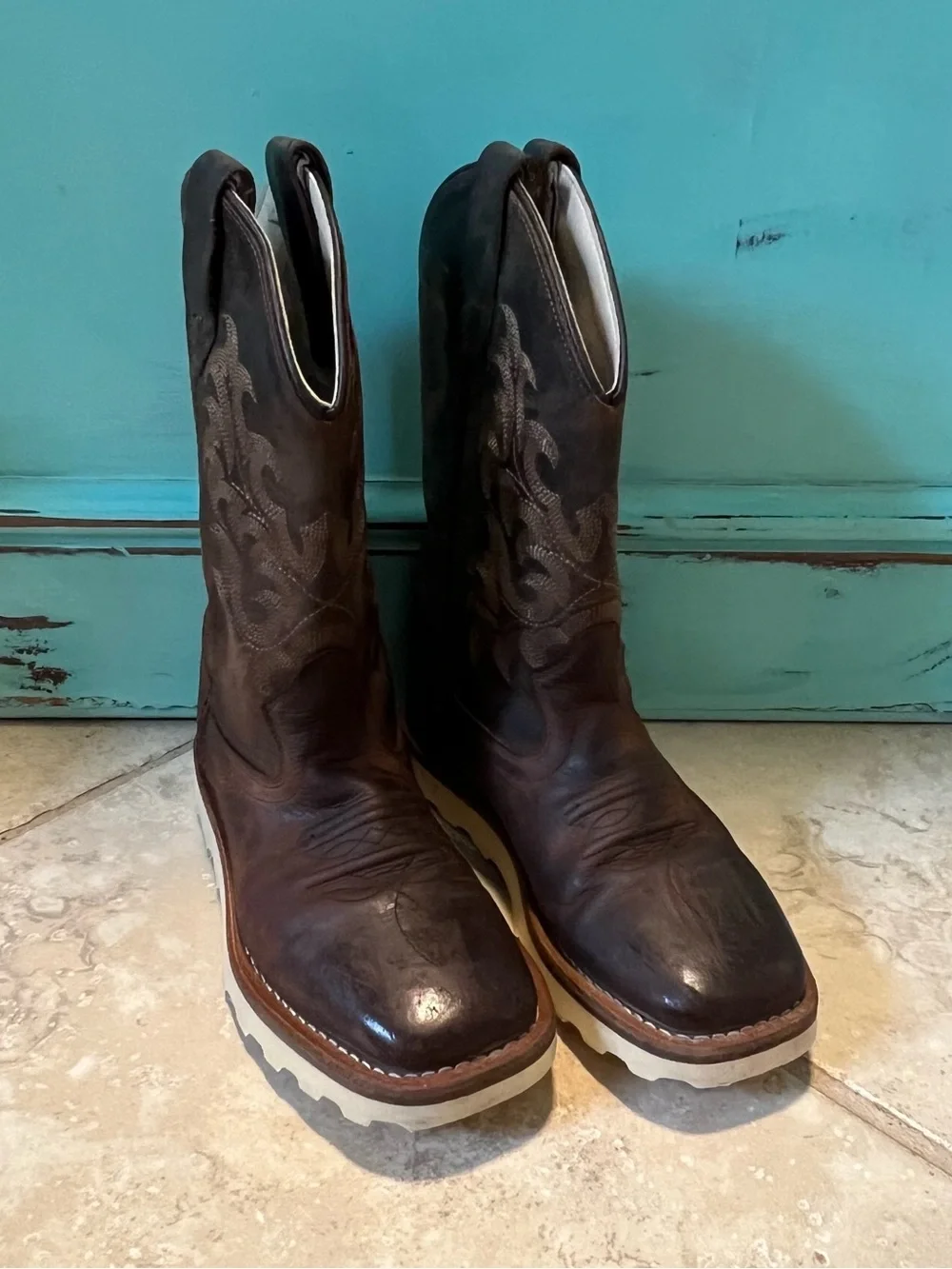 Old West Kids Dark Clay Distressed Brown Western Boots BSC1953 Kids Size 1D